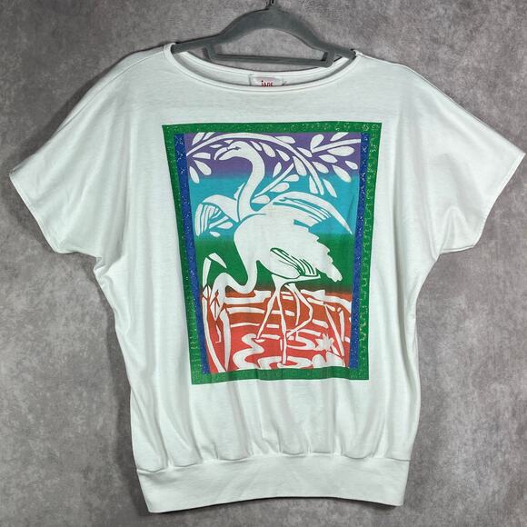 Vintage Jane Colby Shirt Womens Medium White Flamingo Graphic Dolman Sleeve Art - Picture 1 of 10